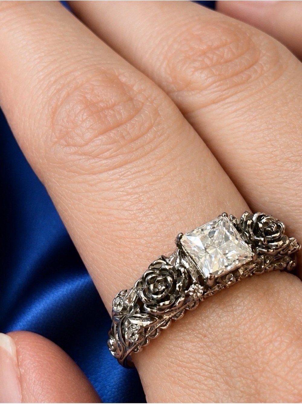Moissanite AAA D-color princess cut, VVSI. Rhodium over 925 S.Silver. Handmade!